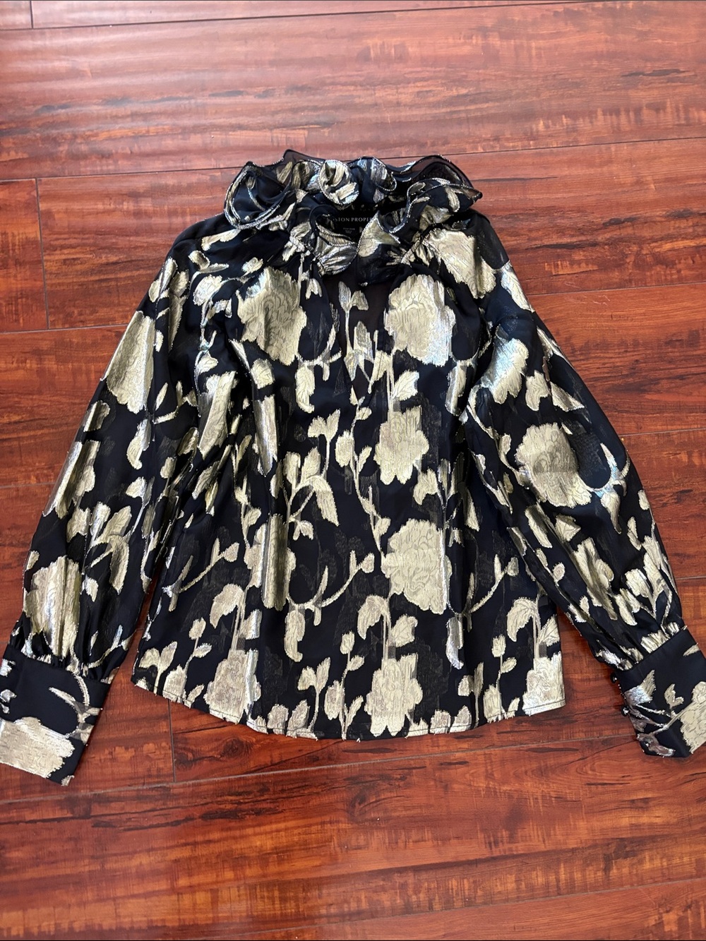 Boston Proper Black & Gold Floral Ruffle-Neck Blouse